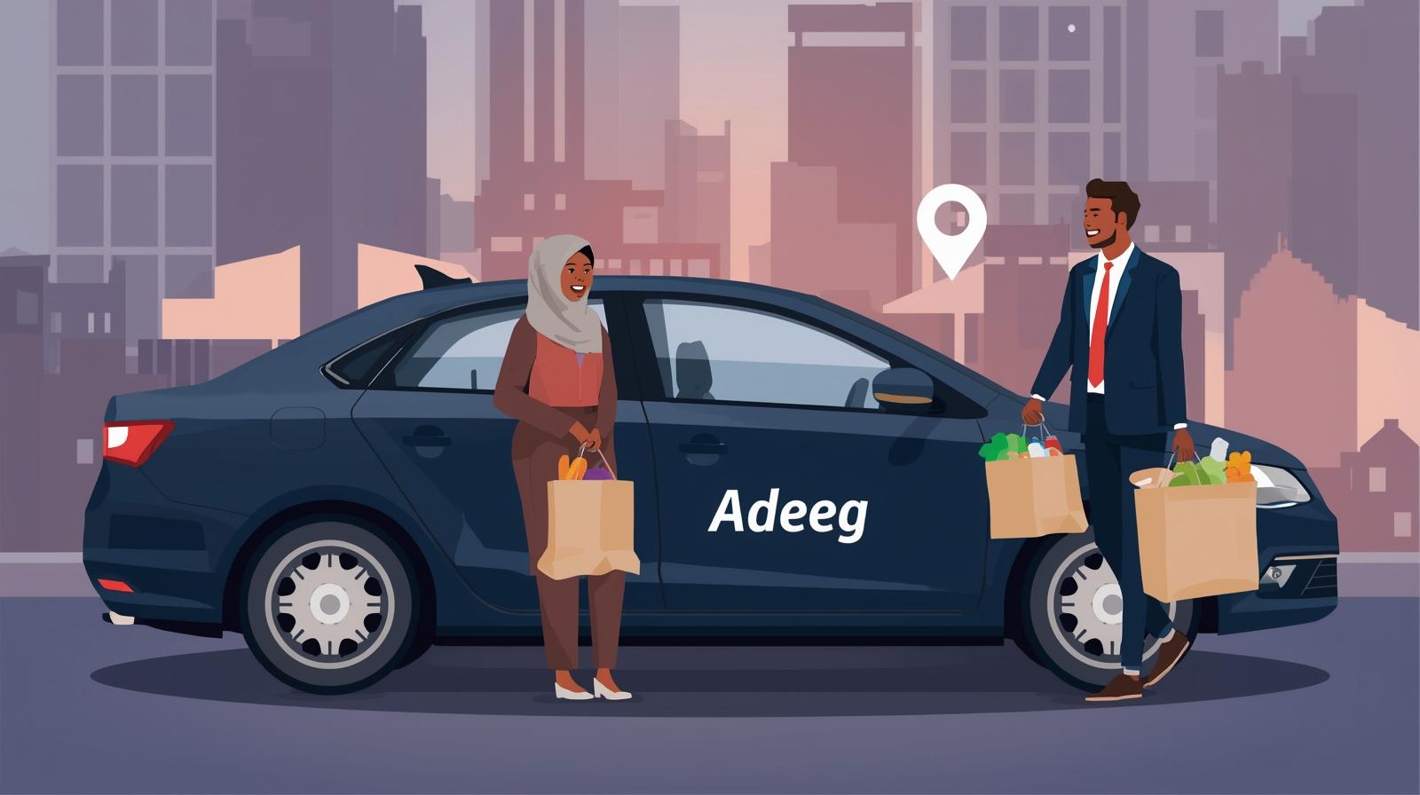 Adeeg-bil med förare och passagerare med shoppingväskor i stadsscen